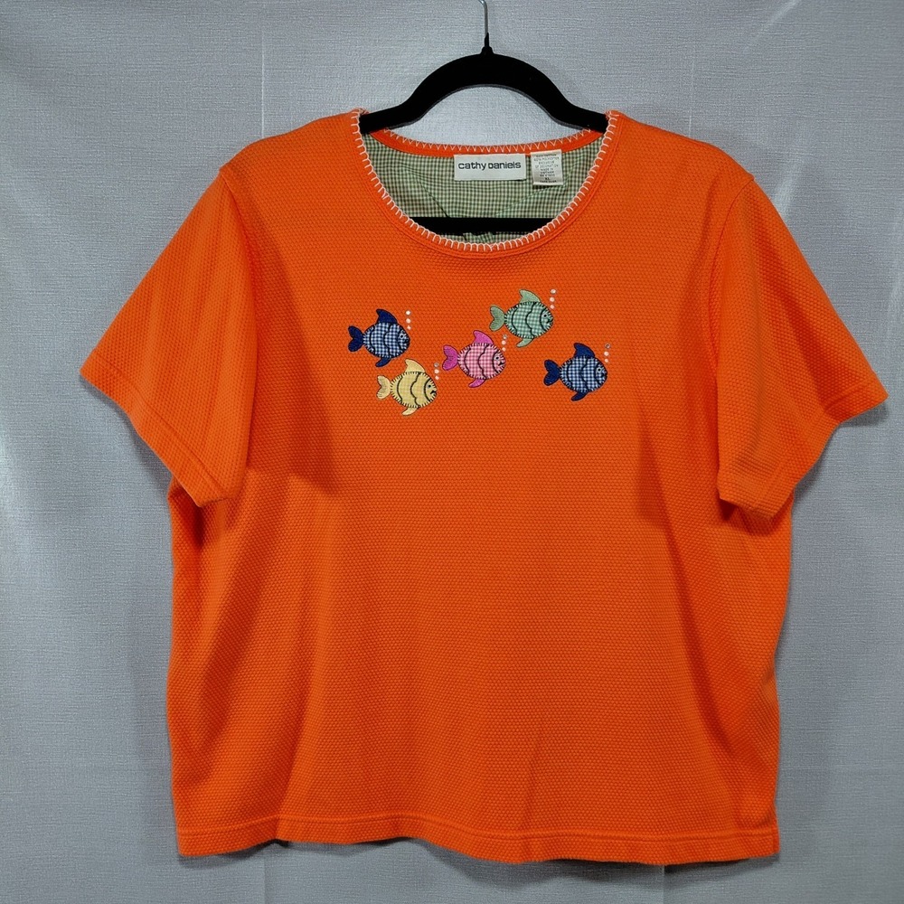 Cathy Daniels Waffle Knit Tshirt Women's XL Fish Applique Teacher Artsy Colorful